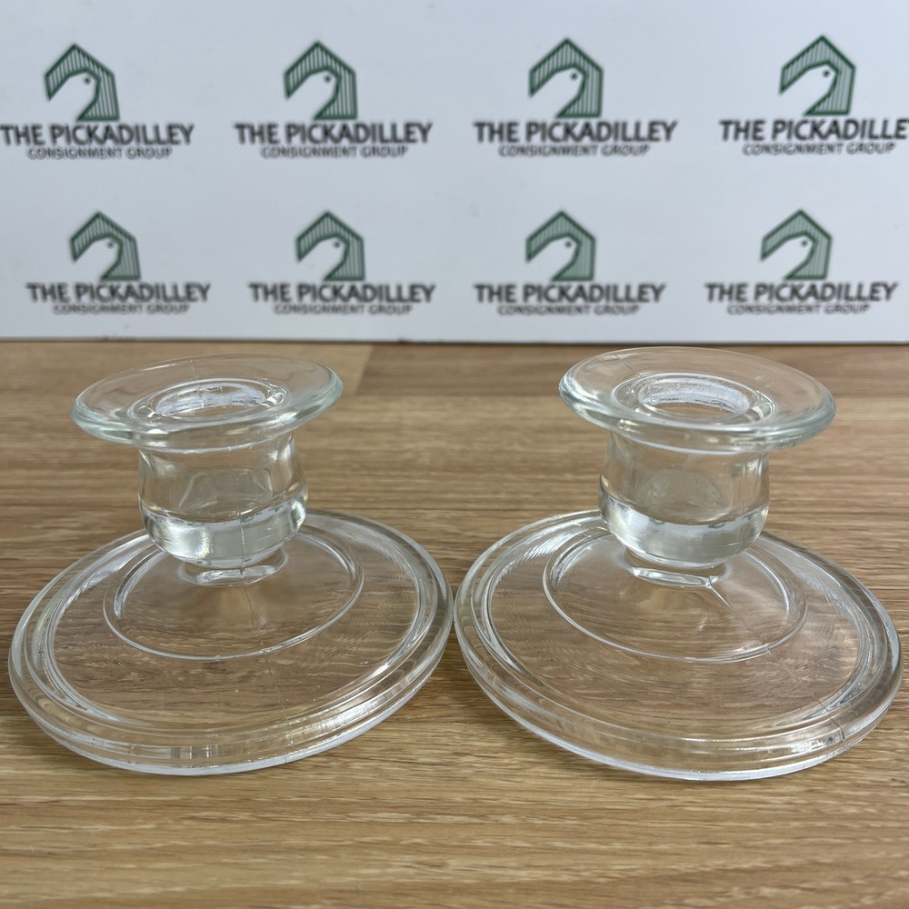 Set of 2 Clear Glass Taper Candle Holders Low Profile Round Base Home Decor